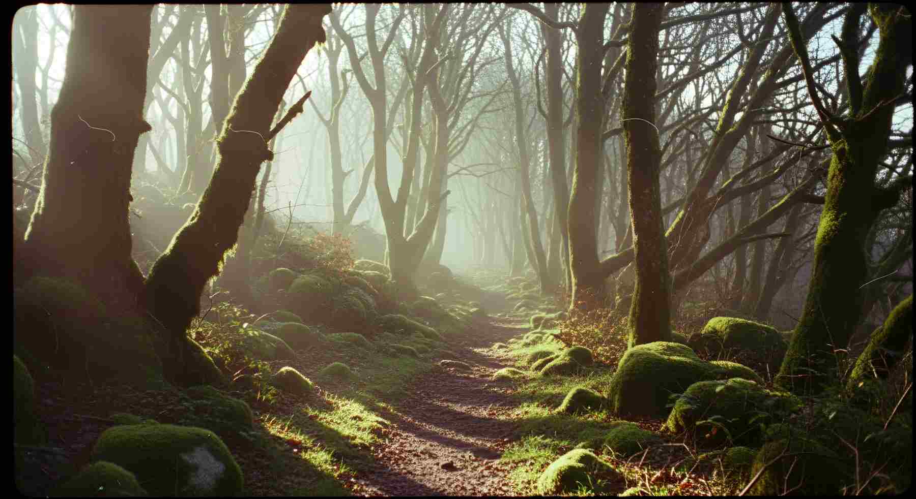 Bosque de Sucamiño en invierno con luz fría y suelo cubierto de musgo.