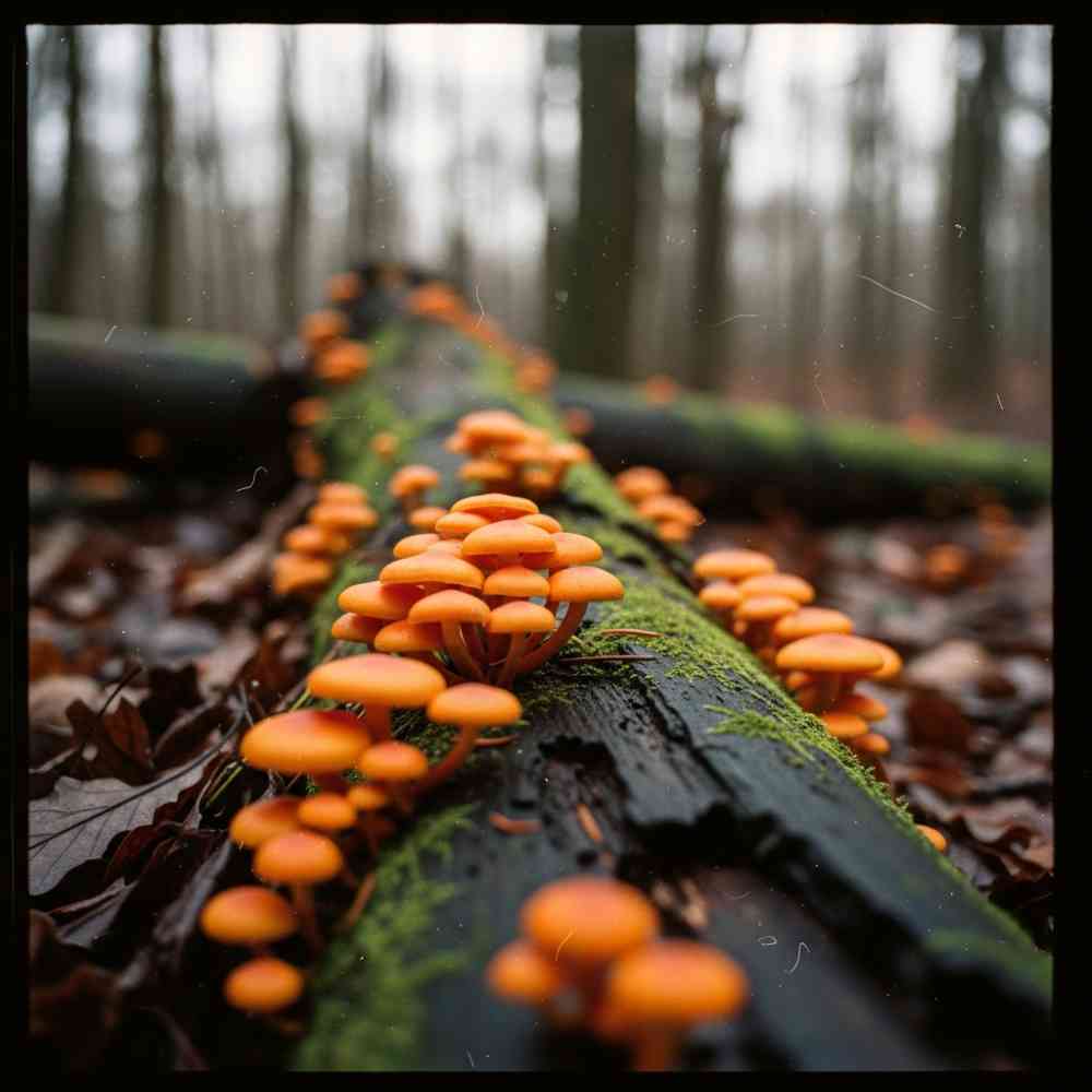 Grupo de hongos naranjas creciendo sobre un tronco oscuro en invierno.