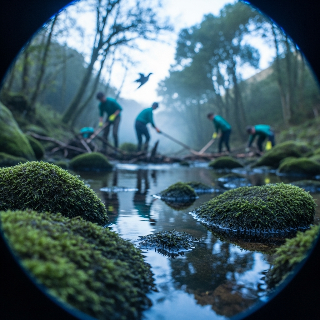 Voluntarios limpiando el río y retirando antiguas maderas.
