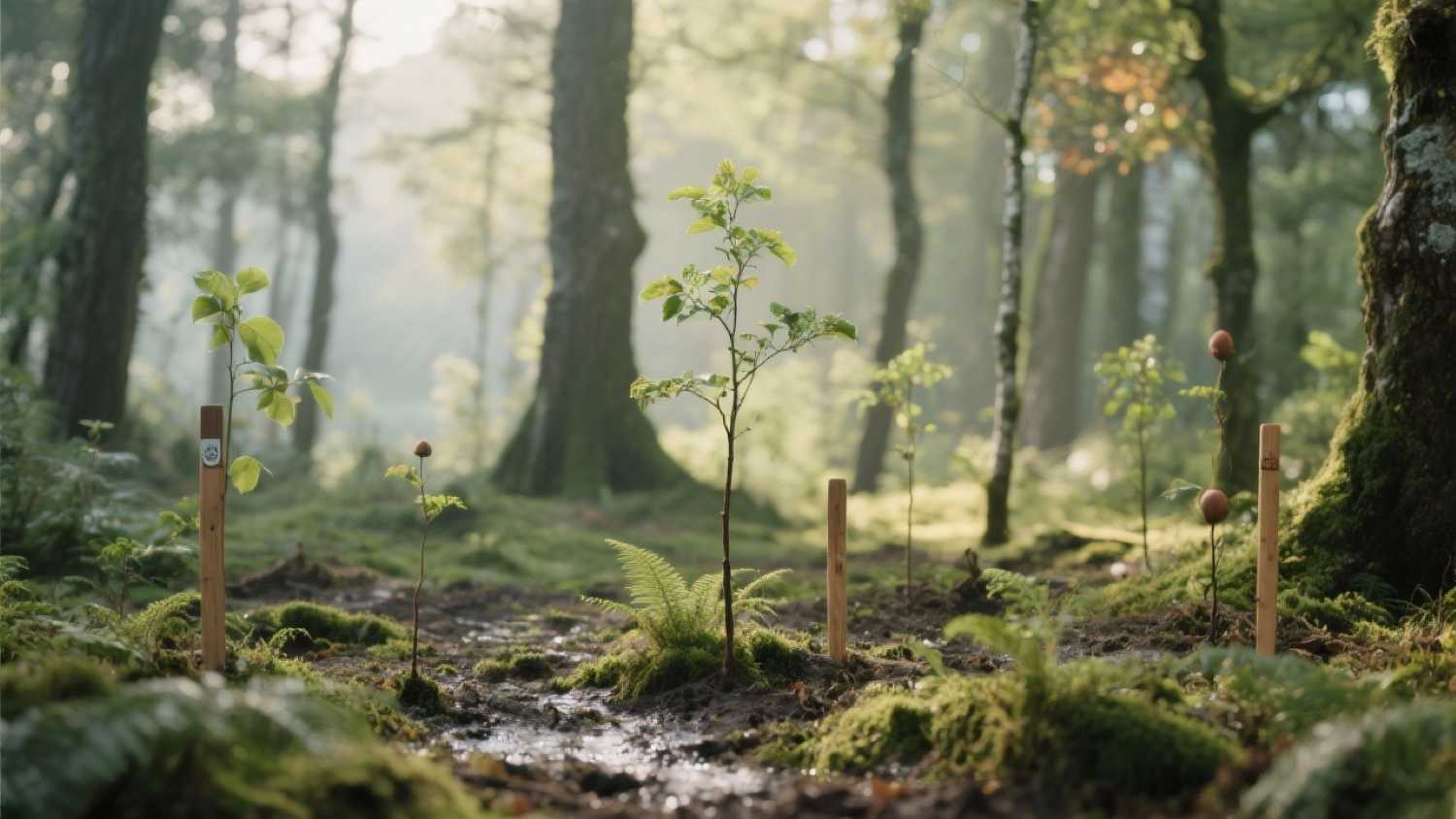 Árboles autóctonos jóvenes plantados en un bosque atlántico en proceso de reforestación.