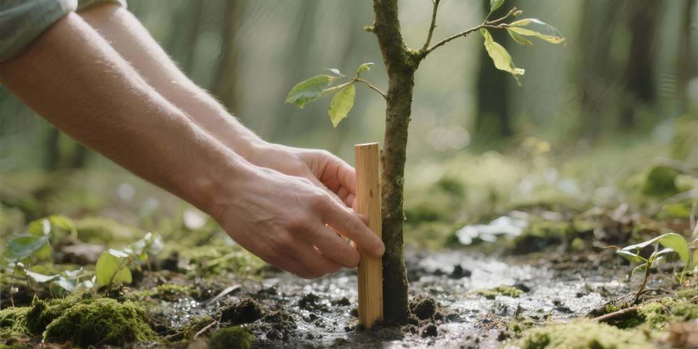 Manos colocando una estaca junto a un árbol joven recién plantado en el bosque Sucamiño.
