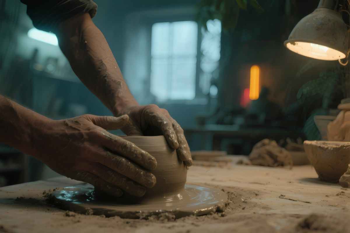 Manos moldeando arcilla en un taller artesanal inspirado en la naturaleza.