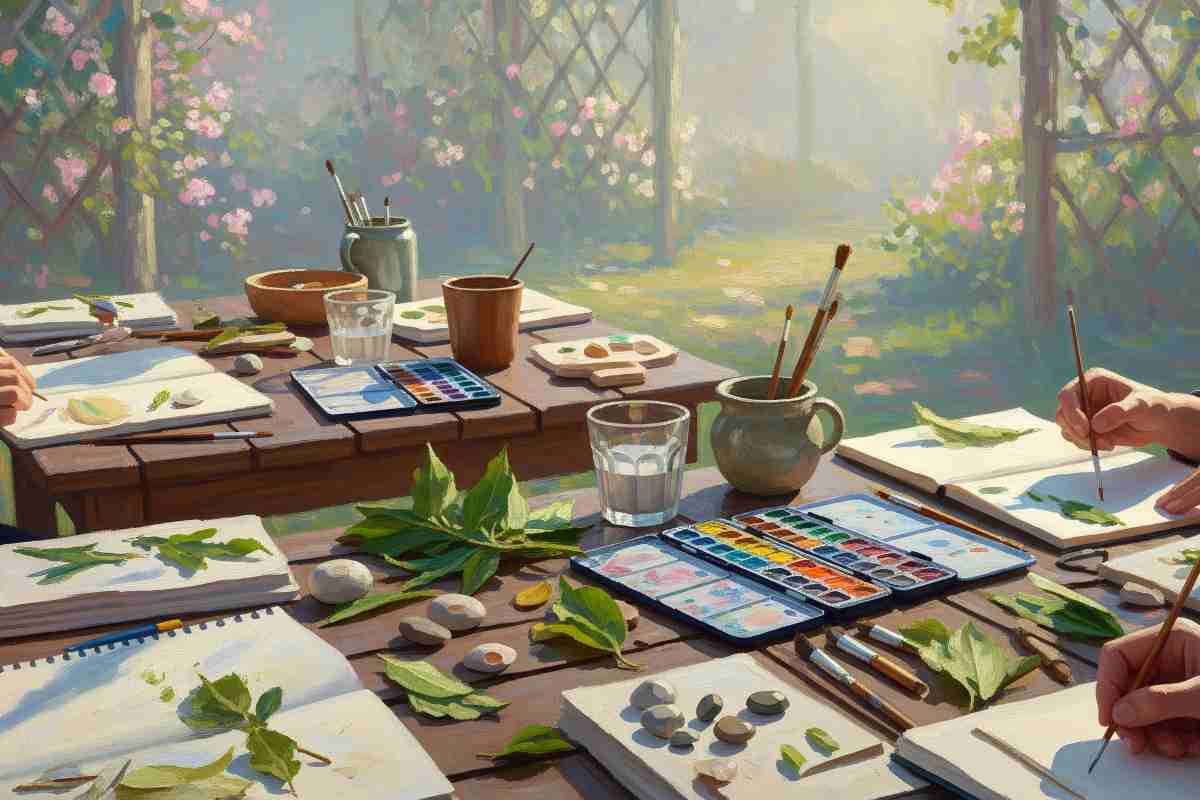 Mesa de taller al aire libre con materiales creativos en un claro del bosque Sucamiño.