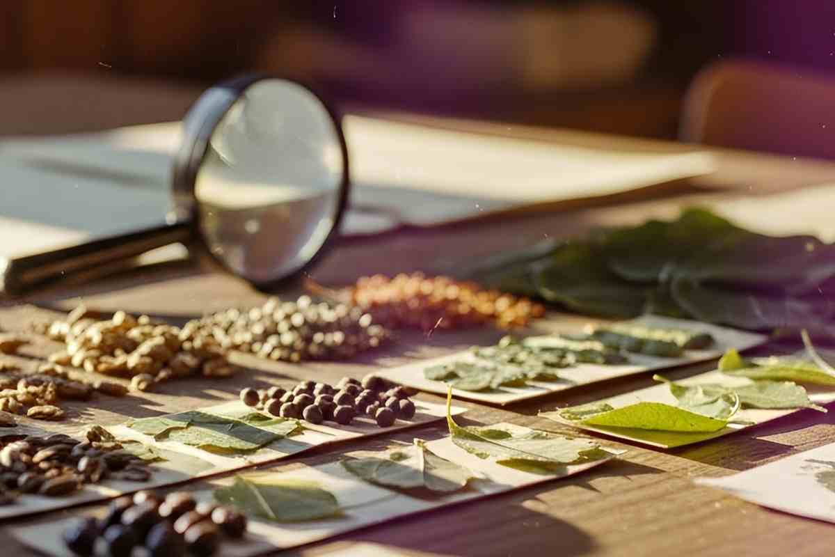 Materiales de un taller de educación ambiental con hojas y semillas clasificadas.