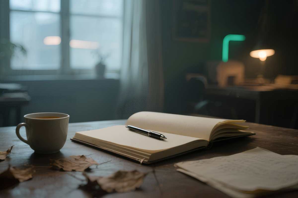 Cuaderno de escritura creativa con elementos naturales en un taller del valle Sucamiño.