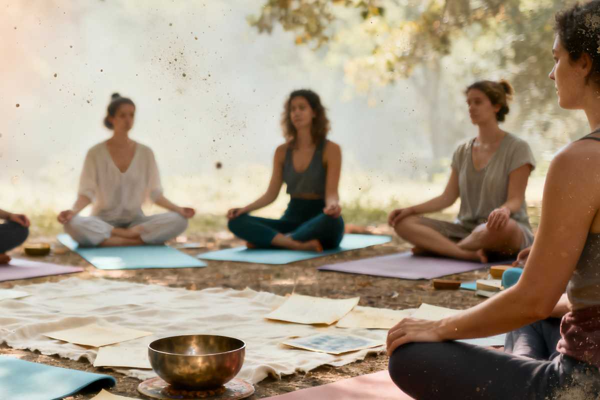 Grupo realizando un taller de mindfulness y creatividad en el bosque Sucamiño.
