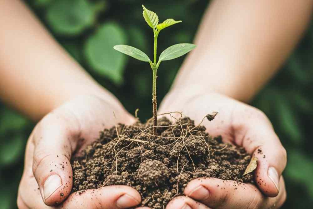 Brote de árbol joven sostenido por manos con tierra húmeda durante una acción voluntaria.